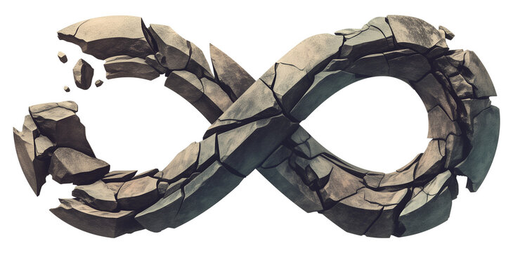 cracked infinity symbol made of grey stone bricks, isolated on transparency background, symbolizes strength and resilience despite fragmentation