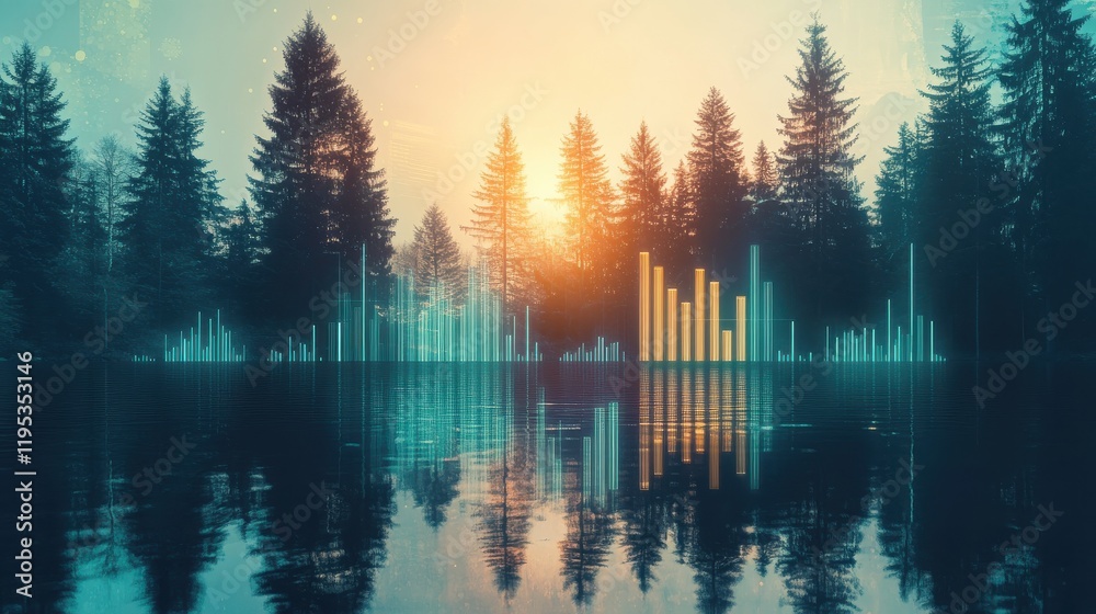 Poster harmonious landscape of pines reflecting in a tranquil lake at sunset with vibrant soundwave visuali
