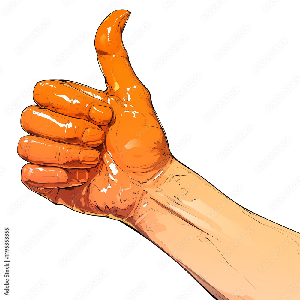 Poster vibrant orange hand gives glossy thumbs up, symbolizing approval and positivity. high gloss finish a