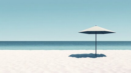 Fototapeta premium Minimalist beach umbrella on serene sandy shore with calm blue sea and clear sky