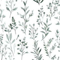 Gentle doodle cartoon drawings in watercolor style featuring various delicate green plants and herbs on a white background
