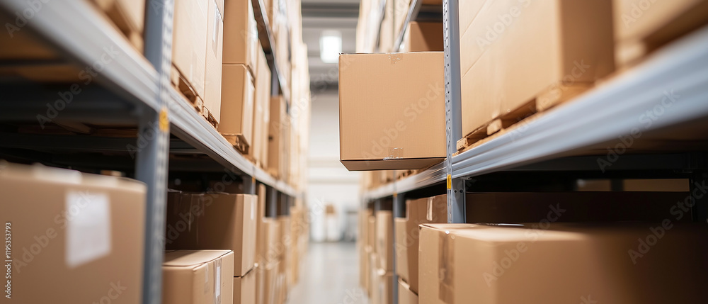 Poster low angle view of stacked cardboard boxes on high shelves in warehouse, showcasing efficient storage