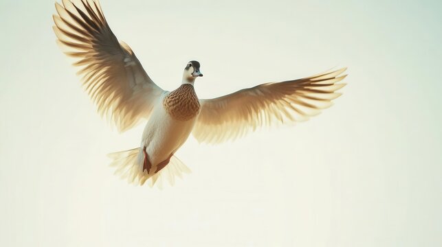 duck in flight against a clear sky, wings spread wide, capturing the essence of freedom and grace in motion. the dynamic pose conveys a sense of adventure and the beauty of nature