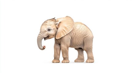 Obraz premium A cute baby elephant stands gracefully against a white background, showcasing its unique features and playful nature in a captivating manner.