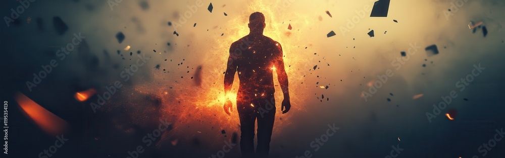Poster glowing man emerges amidst swirling particles in a dynamic, ethereal environment at dusk
