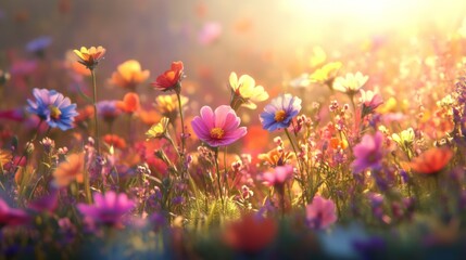 Fototapeta premium Colorful Wildflowers Blooming in a Scenic Meadow at Sunrise