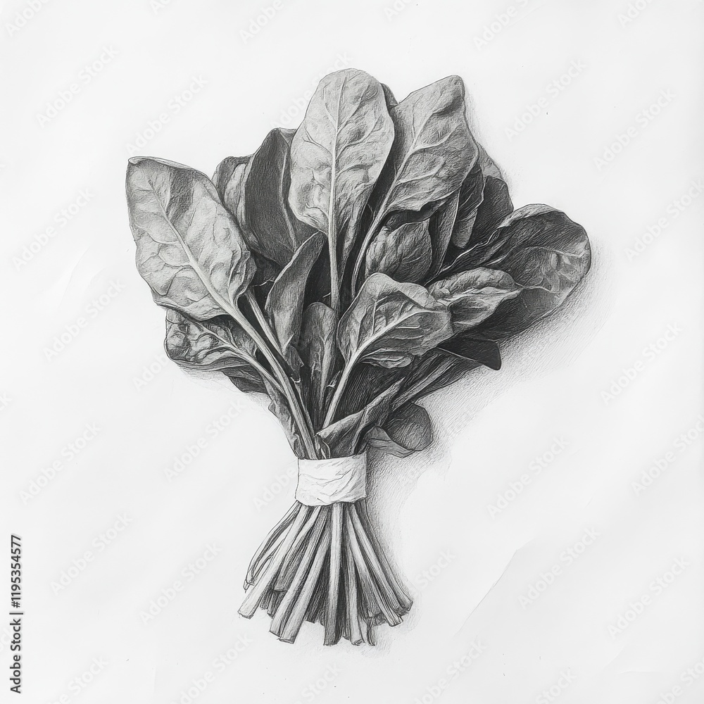Poster sketch of a bundle of spinach leaves showcasing detailed pencil work and natural textures of the gre