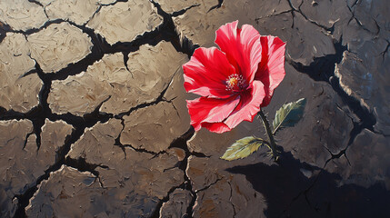 A single flower blooming from dry, cracked earth, painted in a vivid surrealist style, symbolizing hope and renewal in adversity