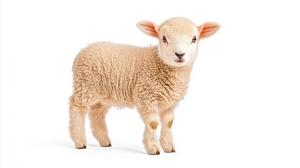 Fototapeta premium A cute, fluffy lamb stands gracefully, showcasing its soft wool and curious expression. An adorable representation of farm life and innocence.