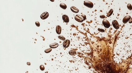 dynamic explosion of coffee beans splashing against a white backdrop, capturing the essence and energy of fresh coffee in a visually compelling and engaging manner