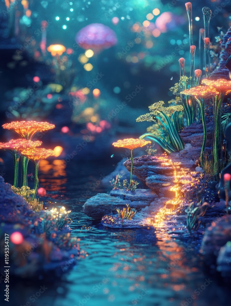 Poster Magical microscopic ecosystem filled with vibrant friendly microbes and glowing flora in a serene water setting. Generative AI