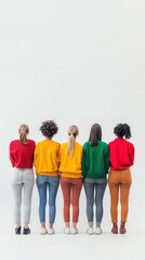 Fototapeta premium Group of women in colorful sweaters standing side by side in a minimalist setting showcasing unity and style