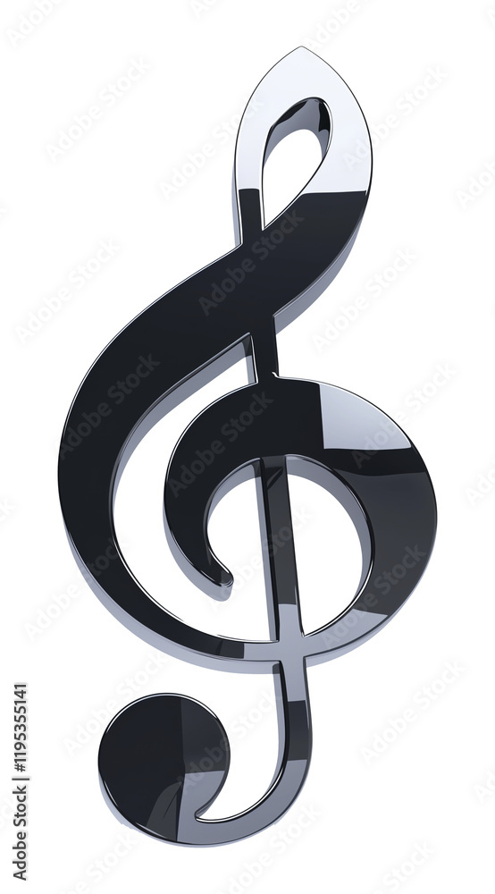 Poster metallic grey treble clef icon with reflective surface, symbolizing music and harmony. sleek design 