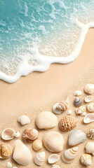 Seashells on Sandy Beach, Ocean Wave Illustration