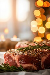 Dry Aged Steak with Seasoning and Rosemary on Display, Showcasing Enhanced Flavor and Tenderness for Culinary Masterpieces in Warm Atmosphere