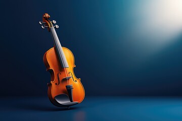 A classic violin rests on a dark blue background, illuminated by a soft light.  The instrument's details are sharply defined.