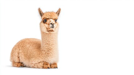 Fototapeta premium A fluffy young alpaca sitting gracefully against a clean white background, showcasing its soft fur and curious expression, perfect for pet or farm-related themes.