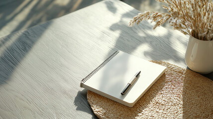sunlit workspace features spiral notebook and pen on woven mat, accompanied by vase of dried flowers, creating serene and inviting atmosphere