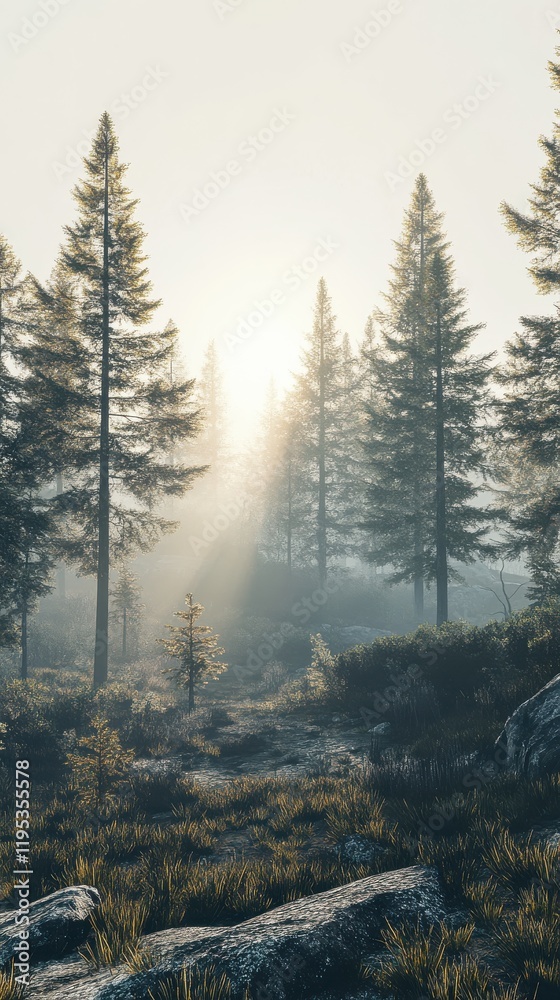 Poster fog envelops a serene forest at dawn with sunlight piercing through tall trees