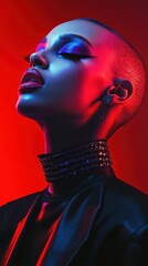 High-fashion portrait capturing striking makeup and bold lighting in an artistic studio setting