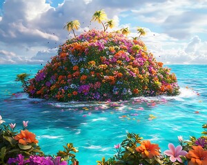 A vibrant tropical island covered in flowers and surrounded by sparkling turquoise waters