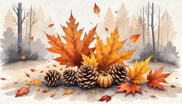 Vibrant autumn leaves and pinecones with pumpkin in serene landscape, seasonal beauty, international women's day, watercolour painting, blurred background