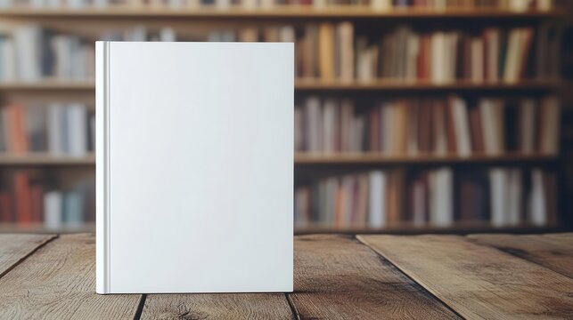 elegant blank book cover template displayed on a rustic wooden surface, with a softly blurred background of bookshelves, inviting creativity and providing ample space for personalization or design