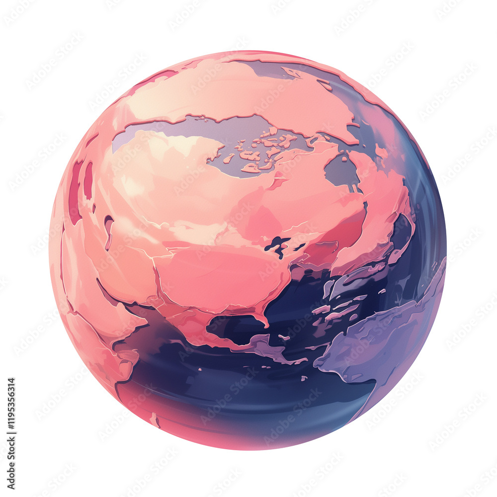 Poster pastel colored globe with soft texture, featuring continents in shades of pink and blue, isolated on