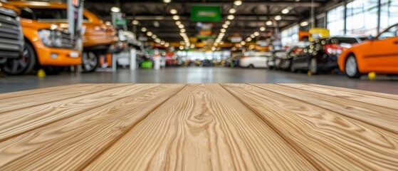 Naklejka premium Wooden Tabletop Car Showroom Background Auto Repair Shop
