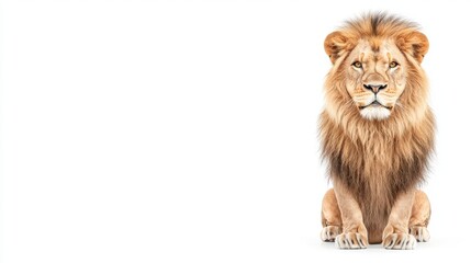 Fototapeta premium A majestic lion sits confidently, showcasing its beautiful mane and regal presence against a clean, white background.