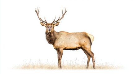 Fototapeta premium A majestic male deer stands proudly in a serene landscape, showcasing its impressive antlers and strong physique against a minimalist background.