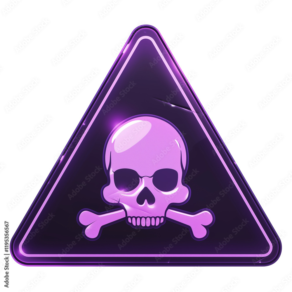 Poster purple warning label with holographic effect features skull and crossbones symbol, indicating danger