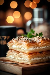 Obraz premium Delicious Layered Feteer Meshaltet Pastry Stack with Flaky Texture and Simple Garnish, Perfectly Served on a Wooden Plate and Ready to Enjoy