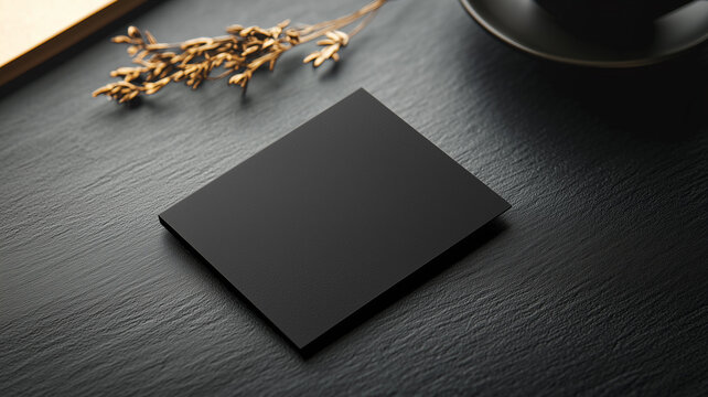 sleek black business card mockup on textured dark surface, accompanied by decorative golden branch, exuding elegance and professionalism