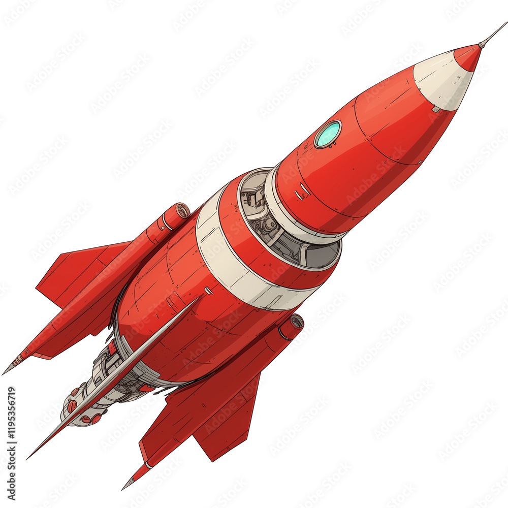 Poster red rocket with silver fins isolated transparency background, showcasing sleek and futuristic design