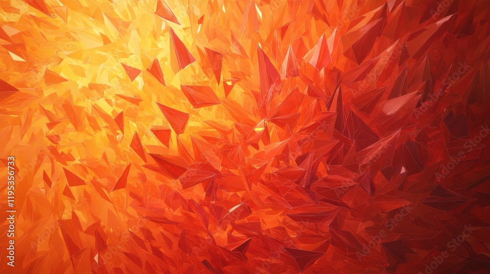 Poster vibrant warm hues of low-poly triangles create an abstract artwork with rich shades of orange and re