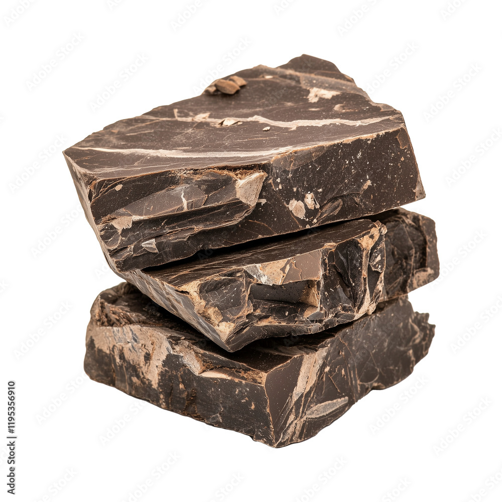 Poster rich, dark chocolate chunks stacked transparency background, showcasing their textured surface and i