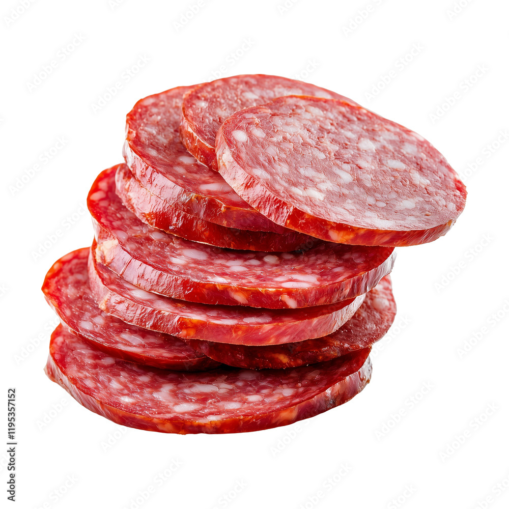 Poster slices of savory sausage stacked on transparency background, showcasing their rich red color and mar