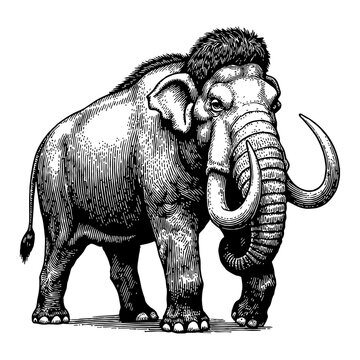 recommend clip art: Woolly Mammoth Standing Detailed Black and White Outline Line Art Drawing with Tusks