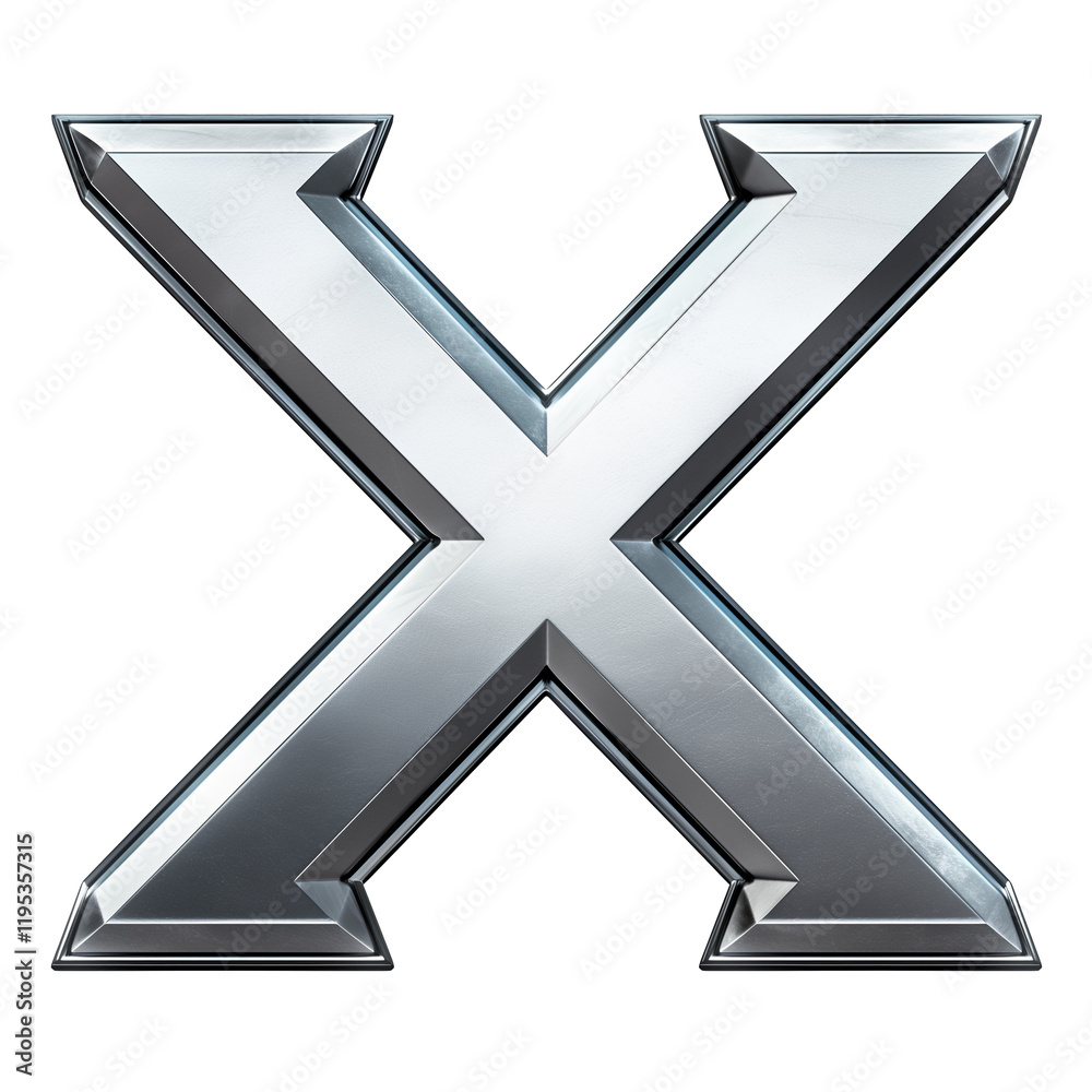Poster silver metallic x symbol with glowing border, isolated on transparency background, showcasing futuri