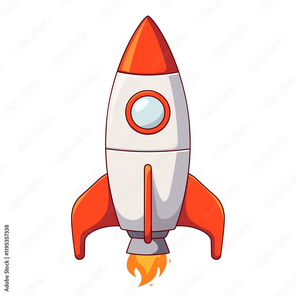 Poster sleek silver rocket with vibrant orange design and circular window, isolated on transparency background, showcasing futuristic and dynamic appearance