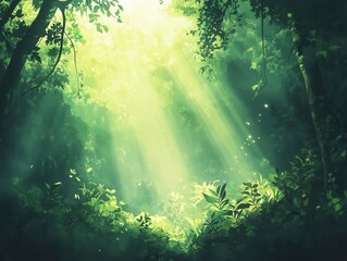 Obraz premium immersive natural scene of sunlight streaming through dense tropical rainforest canopy creating magical light rays in lush green environment