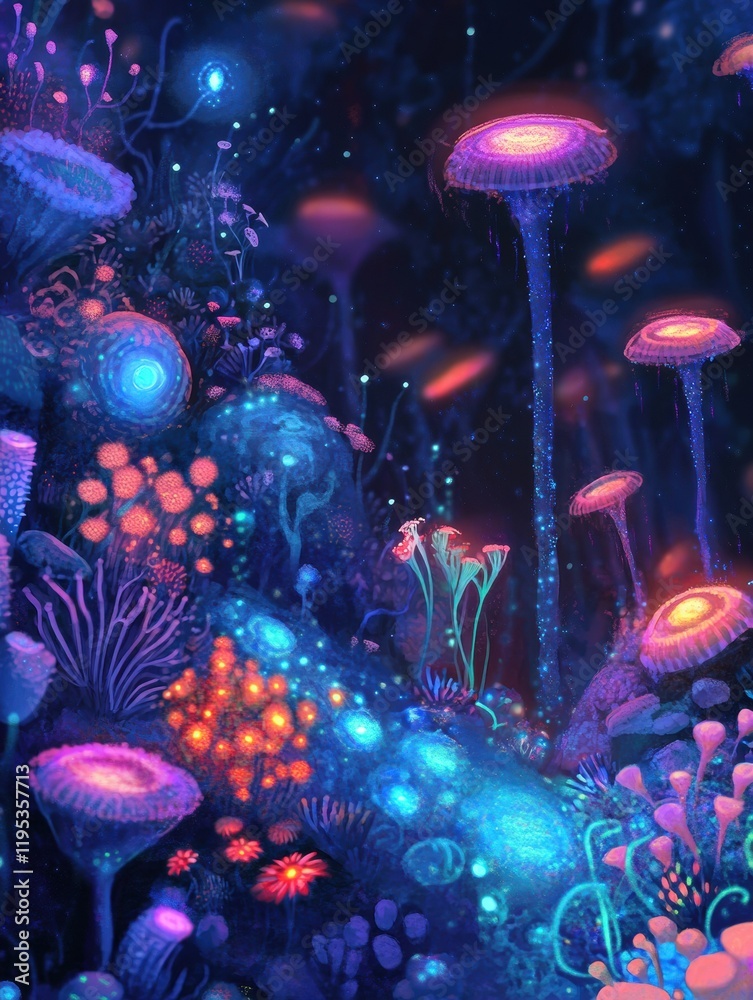 Leinwandbilder exploring a vibrant microscopic ecosystem teeming with friendly microbes and luminescent plants. gen