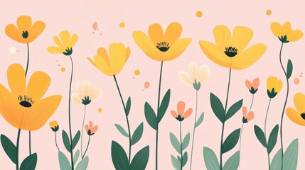 Bright yellow flower doodles create a cheerful pattern against a soft pink background
