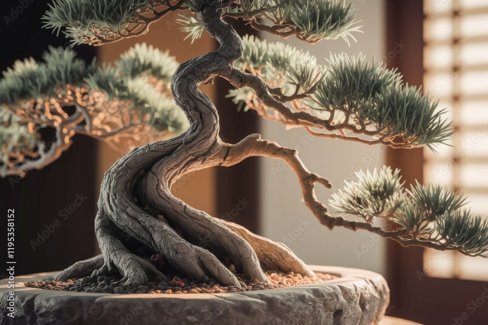 Aufkleber ancient bonsai tree, meticulously crafted, showcasing intricate trunk and delicate branches in a ser