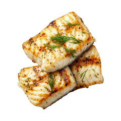 Grilled halibut fillets garnished with fresh dill, showcasing delicious and healthy seafood dish. fish is perfectly cooked, with golden brown crust and aromatic herbs enhancing its flavor