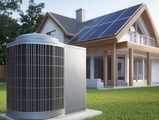 integration of heat pump and solar panels in a sleek modern design, showcasing a comprehensive green energy system with clean lines and a focus on sustainability and innovation