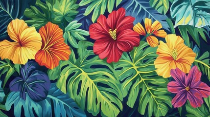 exuberant tropical leaves intermingled with vibrant flowers, creating a lush, vibrant composition that celebrates the beauty of nature in a tropical paradise setting, rich in greens and bright colors