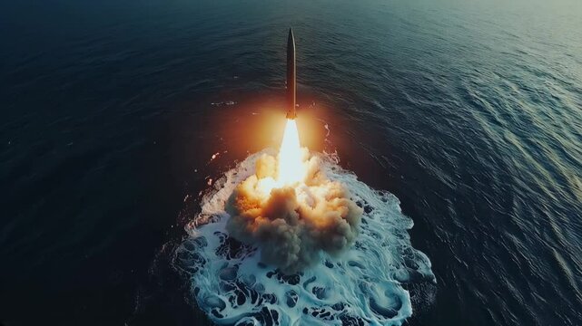 Powerful rocket launch over ocean waters, military missile starting from underwater in sea. Submarine and war concept. 