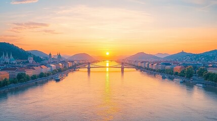 A stunning sunset over a river, casting a warm glow on the surrounding hills and buildings, creating a serene and picturesque landscape.
